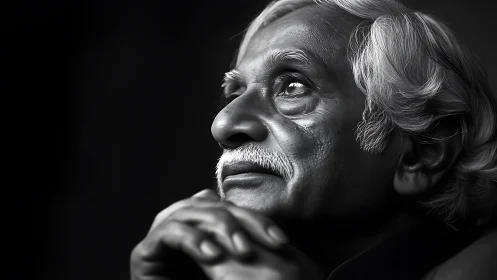 Elderly man in reflective black and white close portrait.