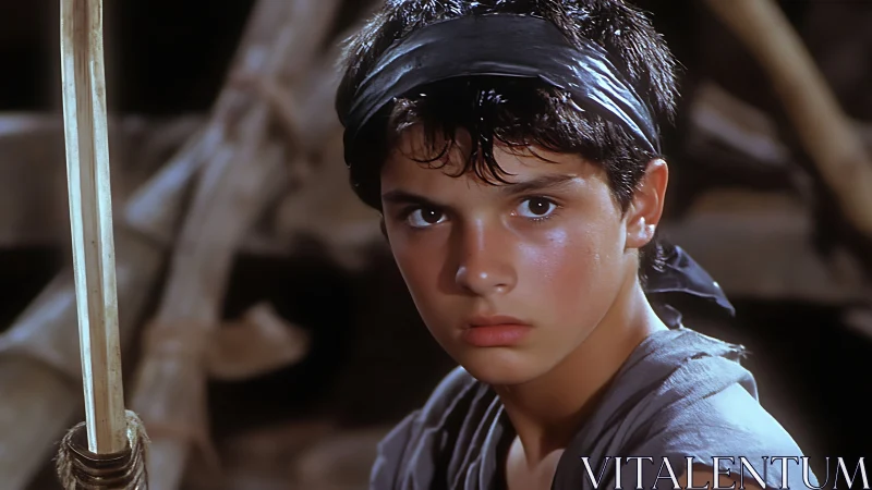 Defiant young warrior with headband in tense close-up.