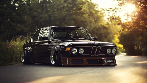 Stanced classic BMW coupe with widebody kit in sunset light