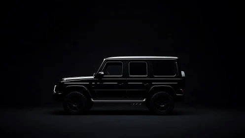 Side profile of black SUV in low key studio lighting.