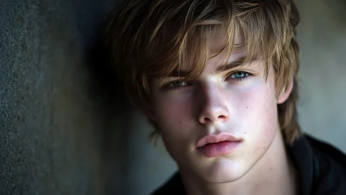 Young person leans against textured wall and looks ahead
