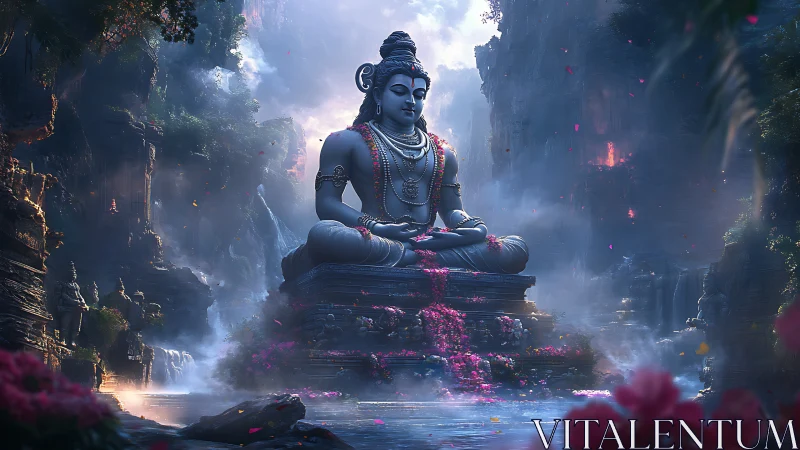 Majestic stone deity meditates amid misty waterfall gorge.