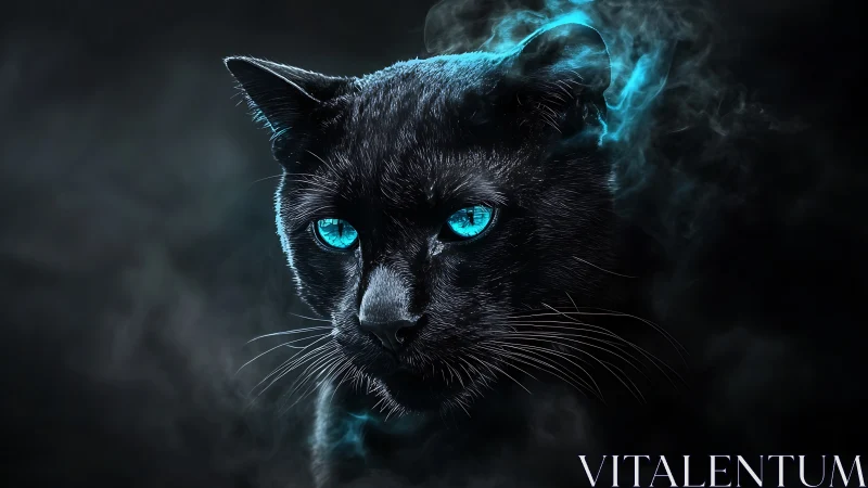 Digital painting of neon-eyed black cat in ethereal smoke.