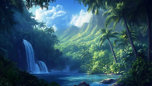 Tropical waterfall and dense jungle valley under daylight.