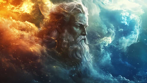 Cosmic deity portrait divides fiery dawn and cool nebula