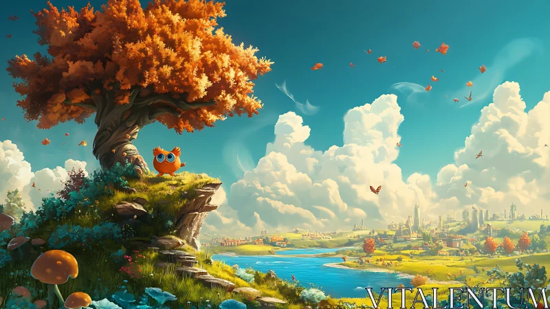 Tiny orange watcher studies a dreamy river kingdom below