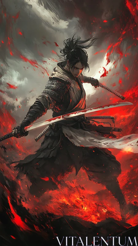 Lone samurai commands blazing embers in a storm of war