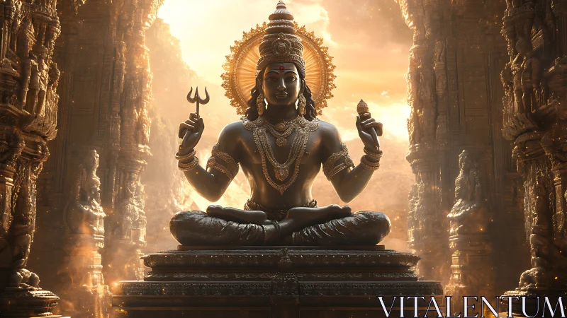 Divine seated deity statue in ornate golden temple light.
