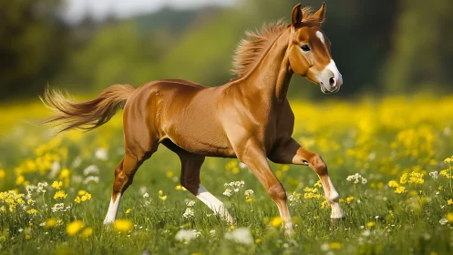 Chestnut foal trotting through yellow wildflower meadow.