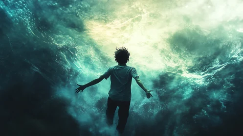 Stormlit dreamer floats between ocean depths and skyglow