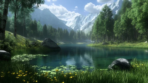 Serene alpine lake with conifers, wildflowers and snowy peaks.