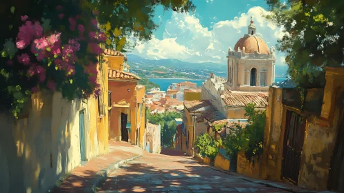 Sunlit Mediterranean hill street with domed church and bay vista