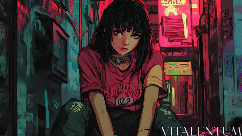 Neon alley rebel girl under moody cyberpunk city lights.