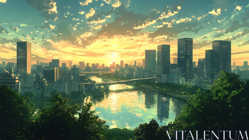 Sunset city skyline reflects across broad winding river