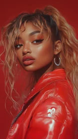 Red-jacketed beauty gazes back in rich cinematic lighting.