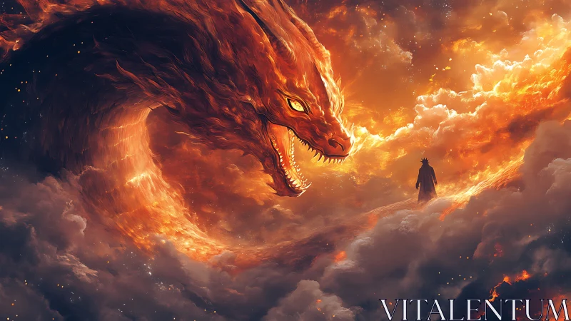 Crowned wanderer confronts a storm-forged dragon in flameclouds.