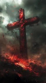 Volcanic crucifix monolith amid storm-torn pyroclastic clouds