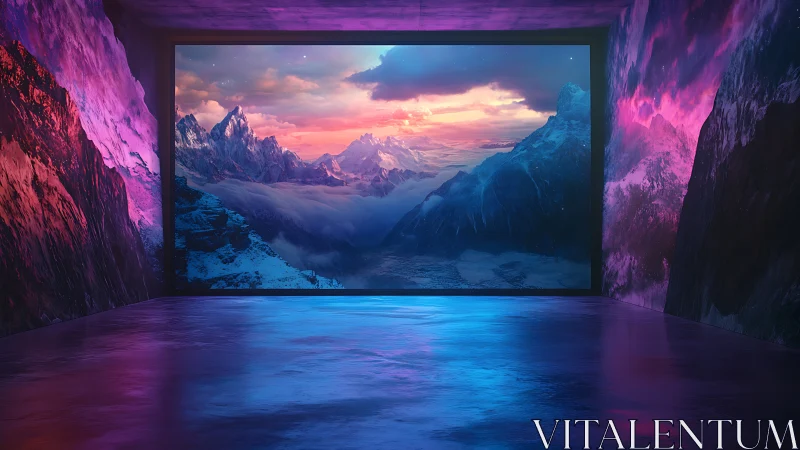 Immersive neon gallery framing hyperreal glacial mountain vista.
