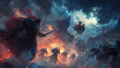 Epic digital painting of armored knights in burning siege city.
