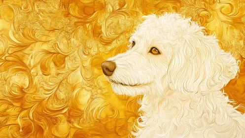 White curly dog portrait rendered on ornate golden background