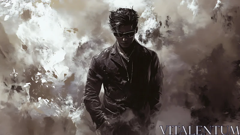 Solitary figure in leather coat stands within stormy mist