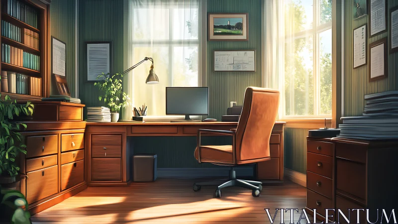 Sunlit home office workspace shows warm wooden interior