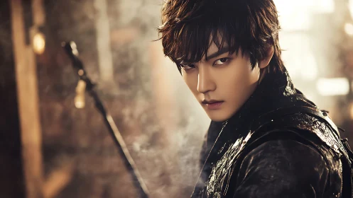 Moody warrior portrait in cinematic warm backlighting.