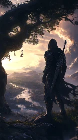 Hooded armored figure surveys river valley from elevated cliff