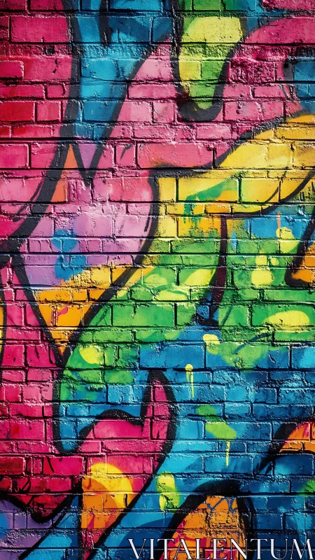Colorful graffiti splashes joy across a textured brick wall