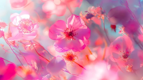 Pink flowers in soft focus with warm sunlit glow.