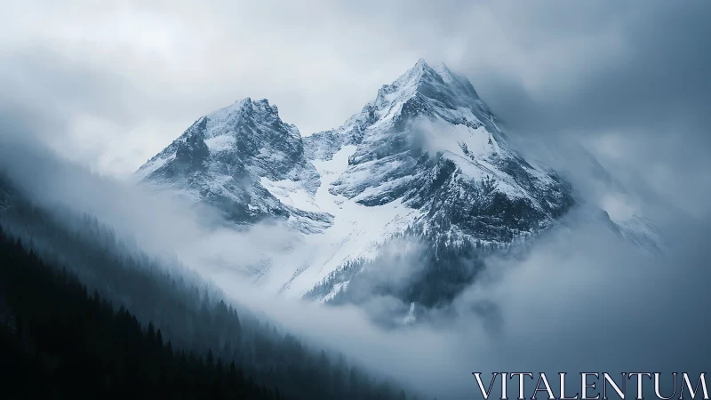 Glaciated twin mountain summits in low-lying orographic clouds.