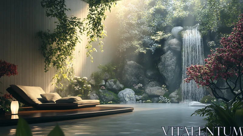 Zen spa retreat terrace faces sunlit waterfall sanctuary.