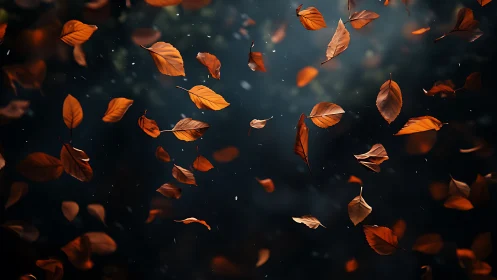 Autumn leaves spiral through moody blue woodland air.