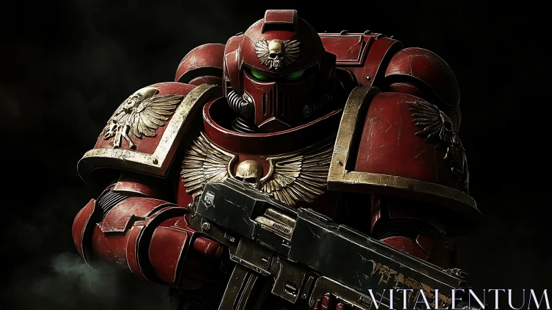Heavily armored red space soldier holds rifle in darkness