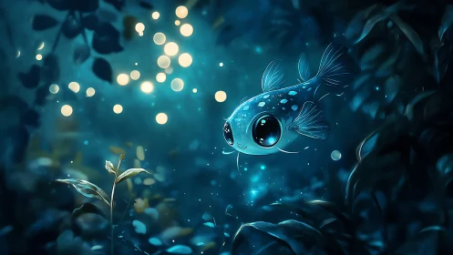 Bioluminescent microfish surveying bokeh lit aquatic undergrowth.