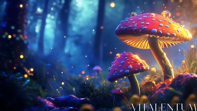 Bioluminescent red toadstools in shallow depth forest bokeh