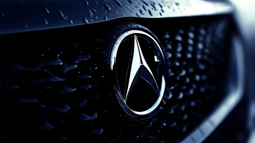 Mercedes front grille logo in close-up under raindrops