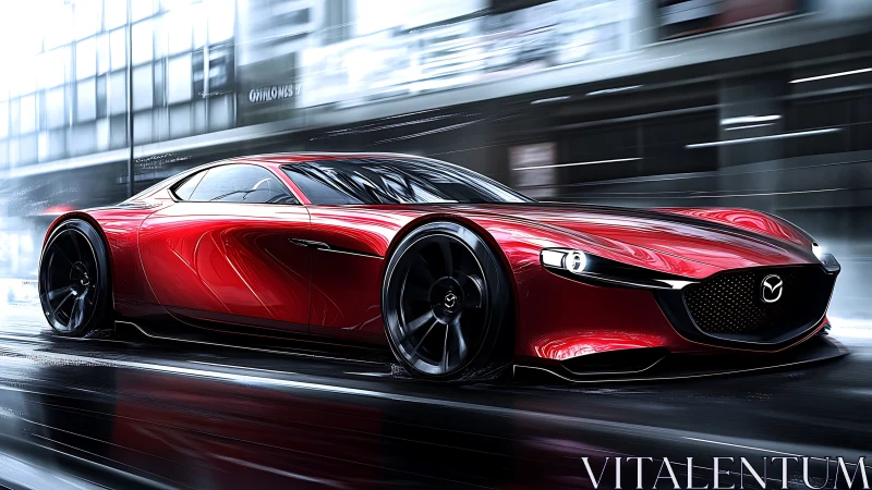 Red Mazda concept coupe accelerates through wet urban avenue