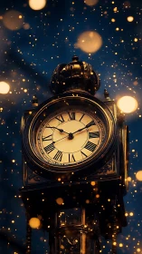 Illuminated vintage street clock glowing at night sky