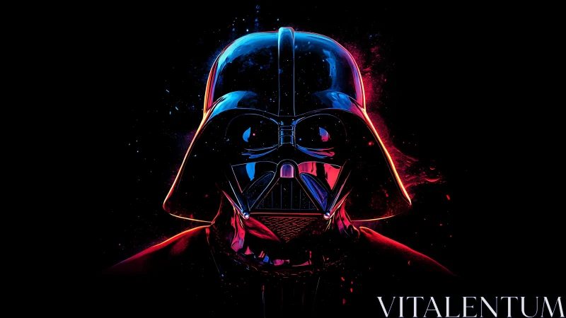 Dark armored figure glows in neon red and blue light.