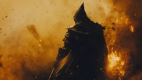 Armored dark figure stands in backlit inferno with volumetric embers