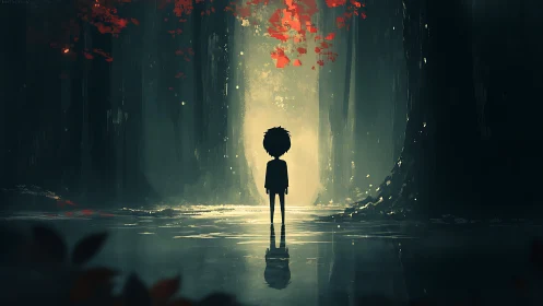 Lone child meets glowing forest threshold in hush and mist.