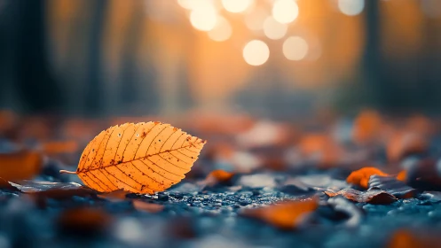 Single amber leaf reclines as autumn bokeh softly blazes