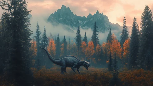 Dinosaur strides through misty autumn forest beneath peaks.