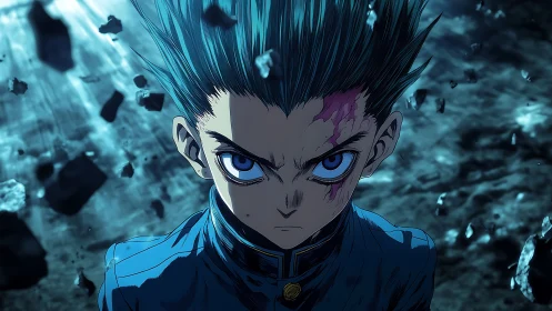 Defiant anime warrior channels blue energy amid chaos.