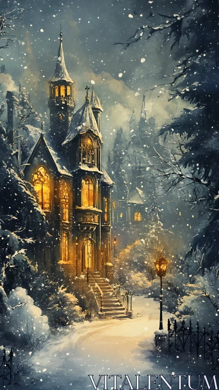Gothic manor glows in snowy twilight forest landscape.