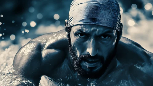Male swimmer emerging from water in high contrast lighting.