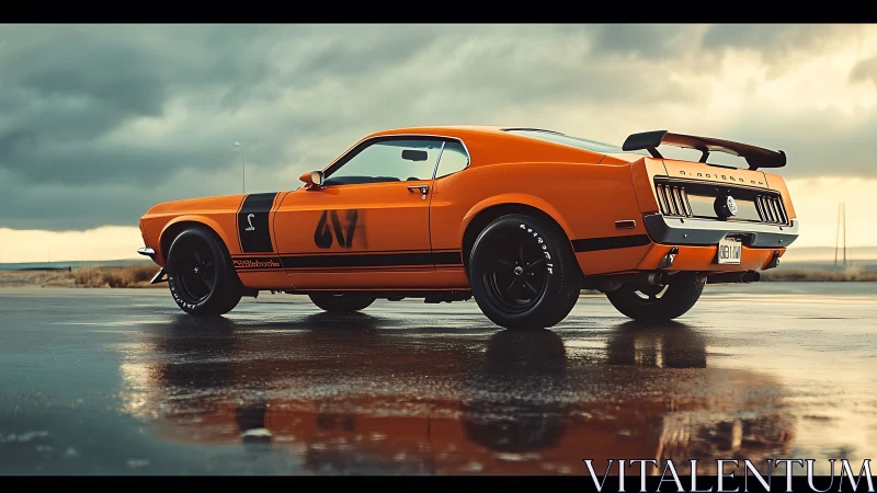 Photorealistic classic muscle car profile on wet coastal asphalt.