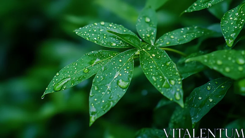 Leaf cluster with dewy raindrops in lush green bokeh field.