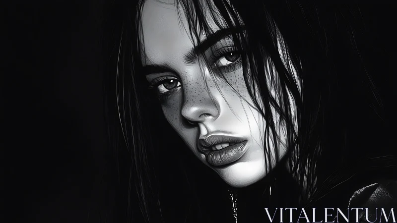 Shadow-kissed gaze carves silver light from the darkness